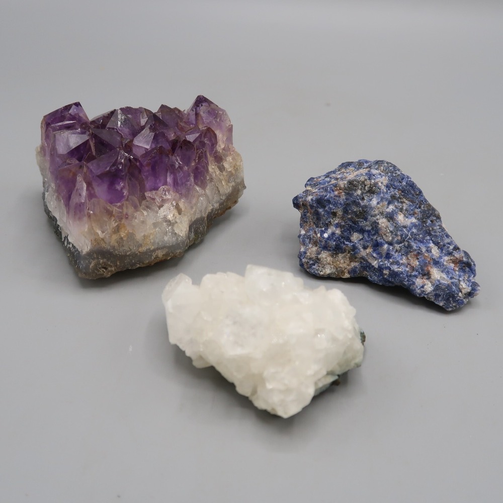 Blue Sodailte Rough, Purple Amethyst & White Apophyllite Raw Crystal Lot
